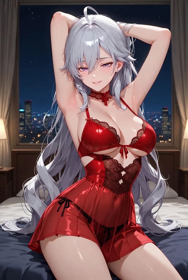 Red Haired Anime Girl in Red Lingerie