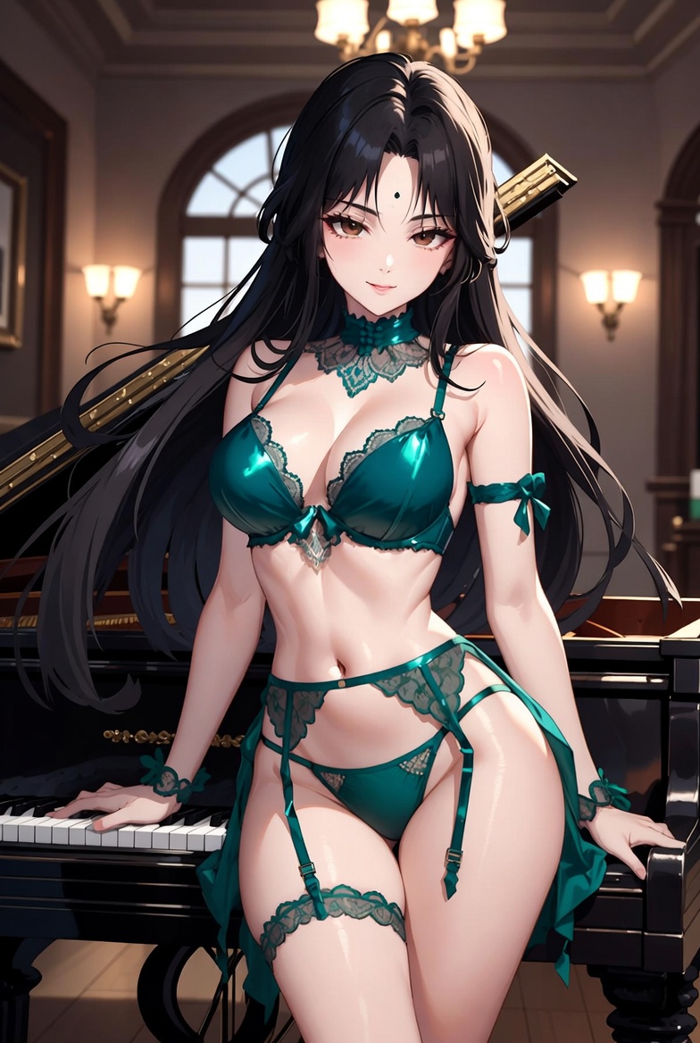 Anime Woman in Blue Lingerie Sitting on Piano