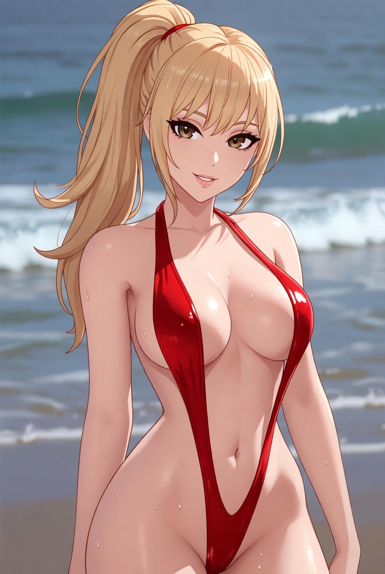 Anime girl in red bikini on beach