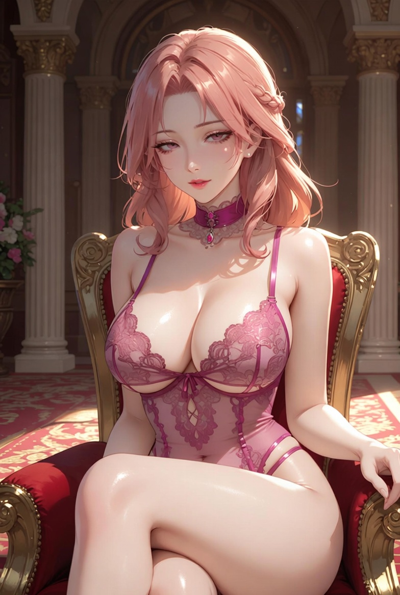 Pink Haired Anime Girl in Lace Lingerie