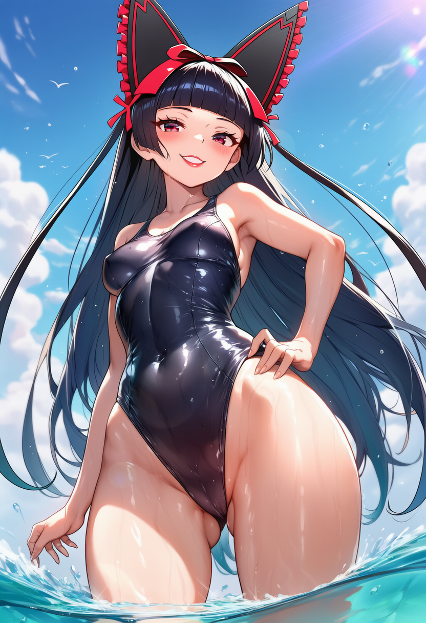 Anime girl in black swimsuit with red bow