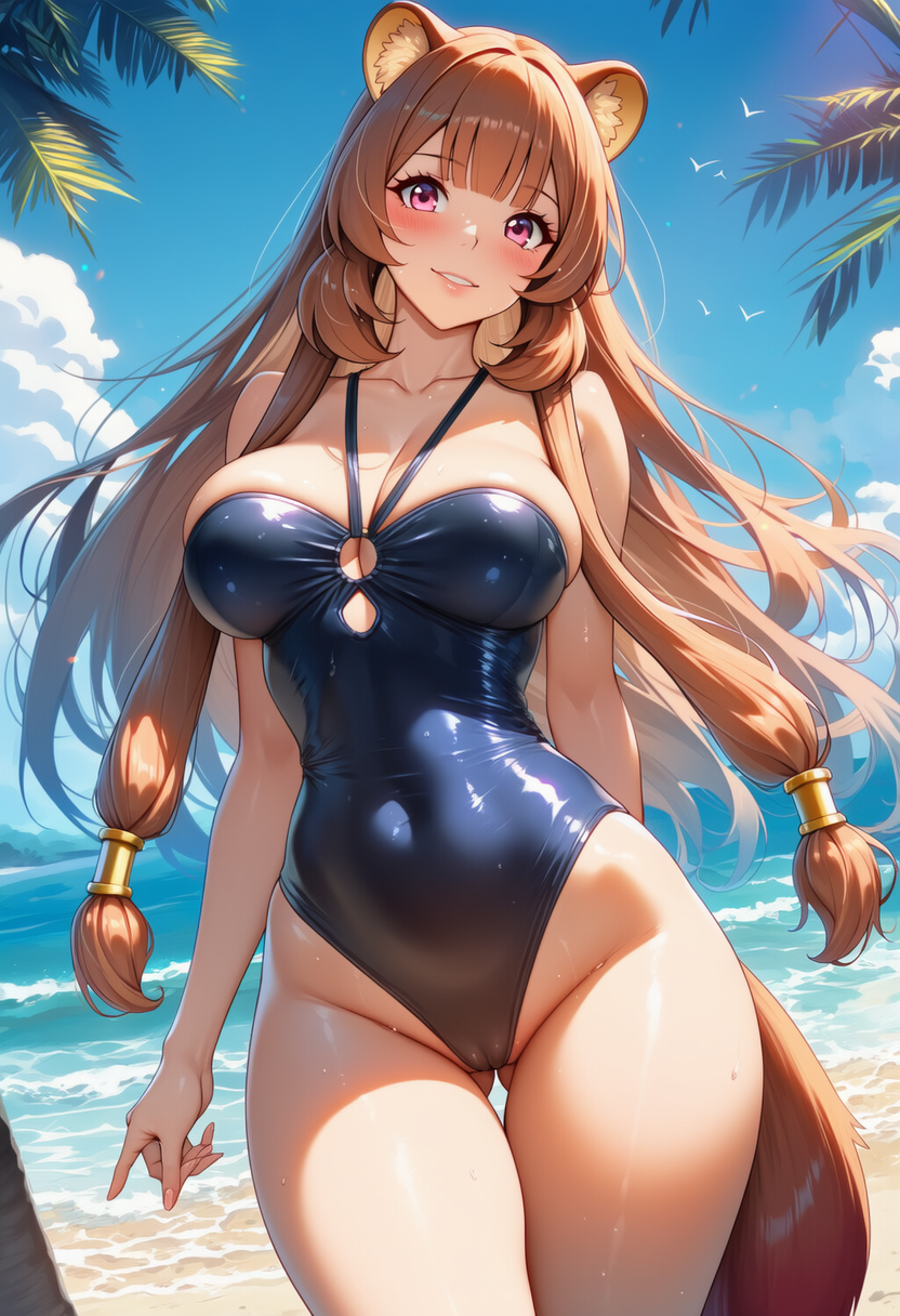 Anime girl in a black bikini on the beach