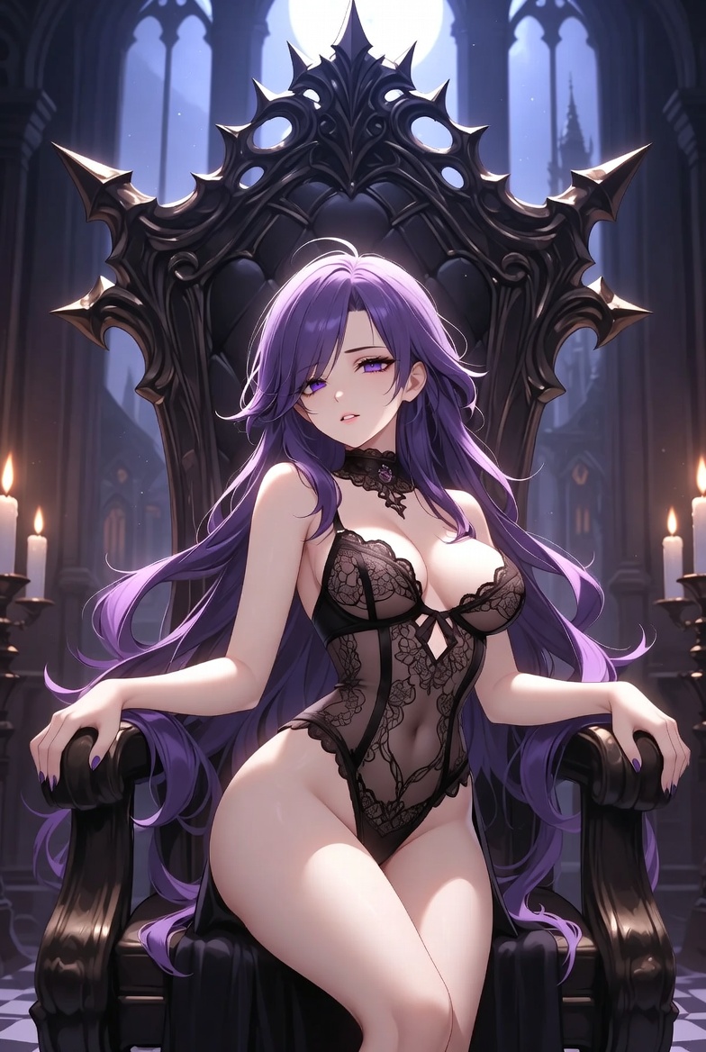 Purple-haired Anime Girl in Lace Lingerie