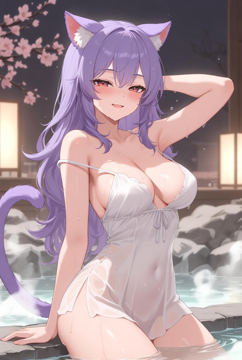 Purple-haired Catgirl in a Bathtub