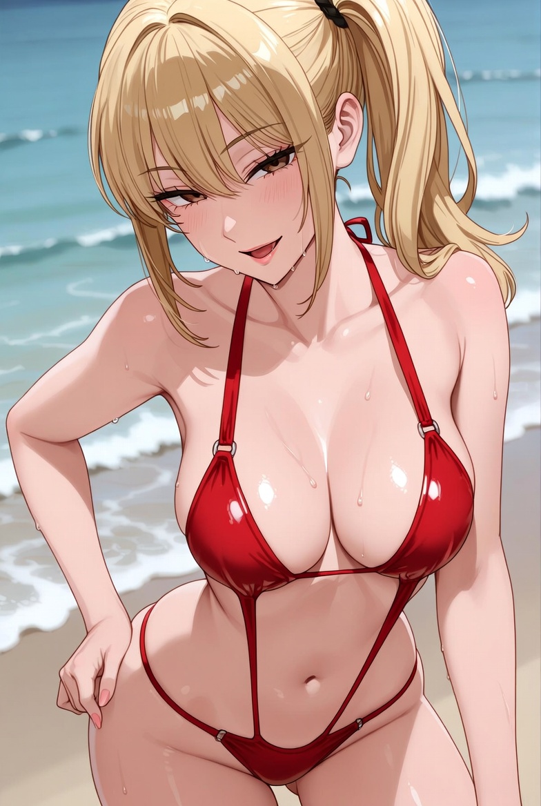 Busty Blonde in Red Bikini